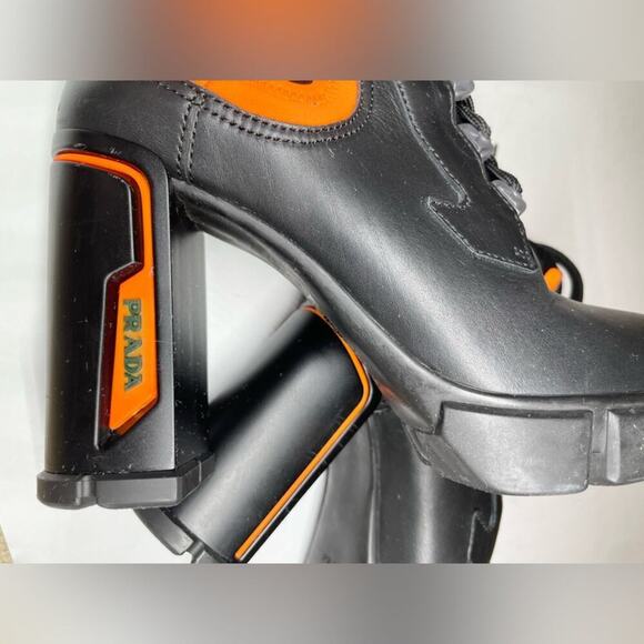 Prada Neon Orange Black Leather Neoprene Lace Up Chelsea Ankle Boot EU 41.5 - Picture 9 of 15